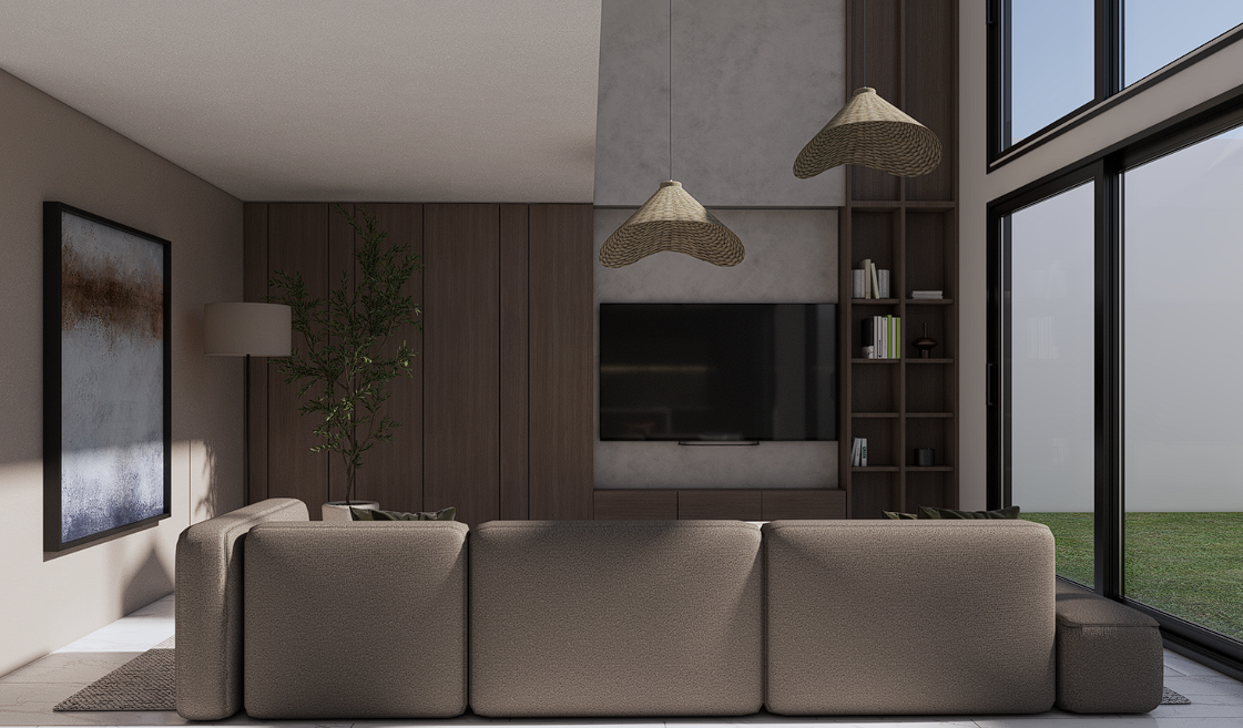 Sala de TV a medida en Toluca con panel, nichos y mueble bajo