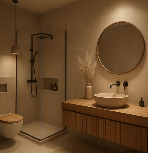 Baño a medida en Toluca con mueble bajo lavabo y espejo